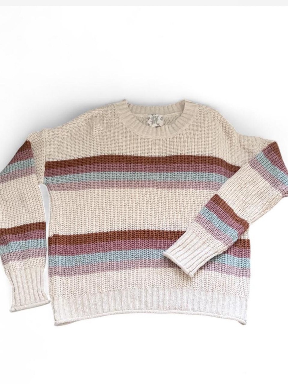 Hippie Rose Cream Striped Crewneck Sweater with Mauve Brown and Dusty Blue